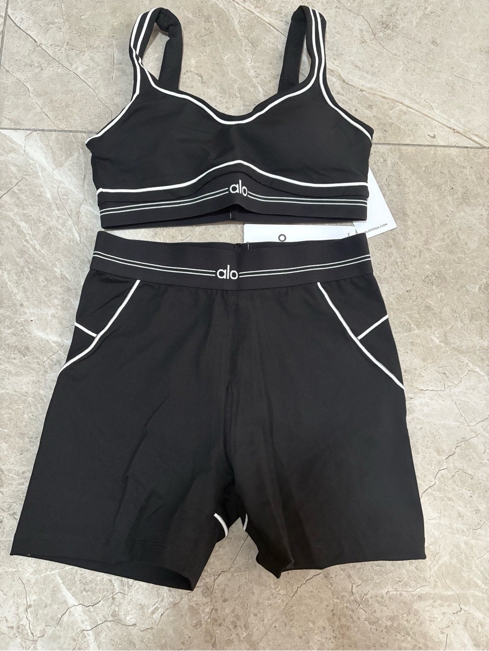ALO Yoga Black Sports Bra and Shorts Set with White Piping